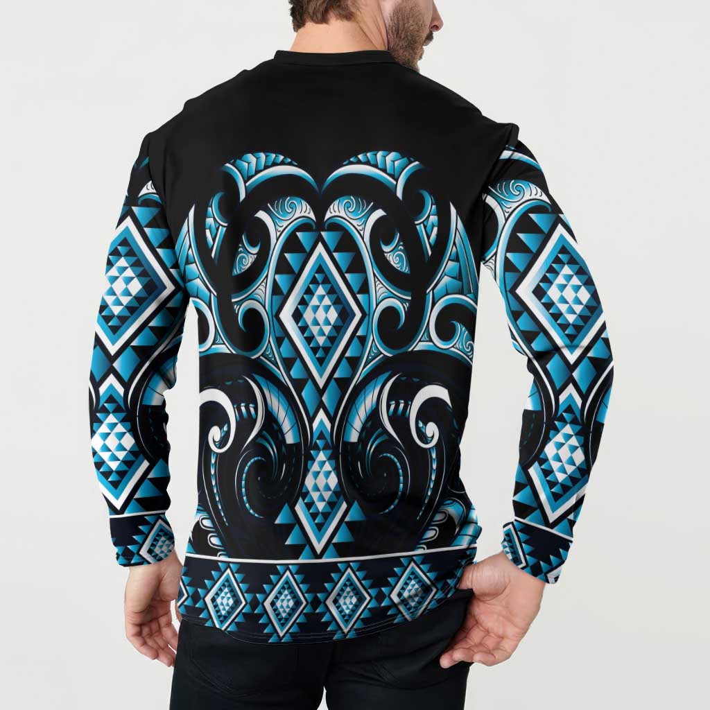 Blue Ngaru Taniko With Aotearoa Maori Tattoo Button Sweatshirt LT14 - Polynesian Pride