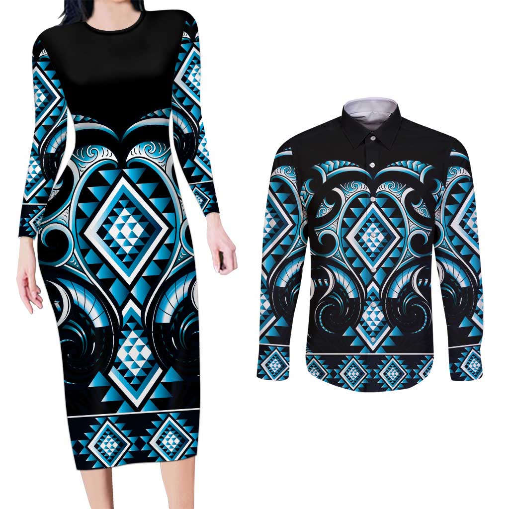 Blue Ngaru Taniko With Aotearoa Maori Tattoo Couples Matching Long Sleeve Bodycon Dress and Long Sleeve Button Shirt