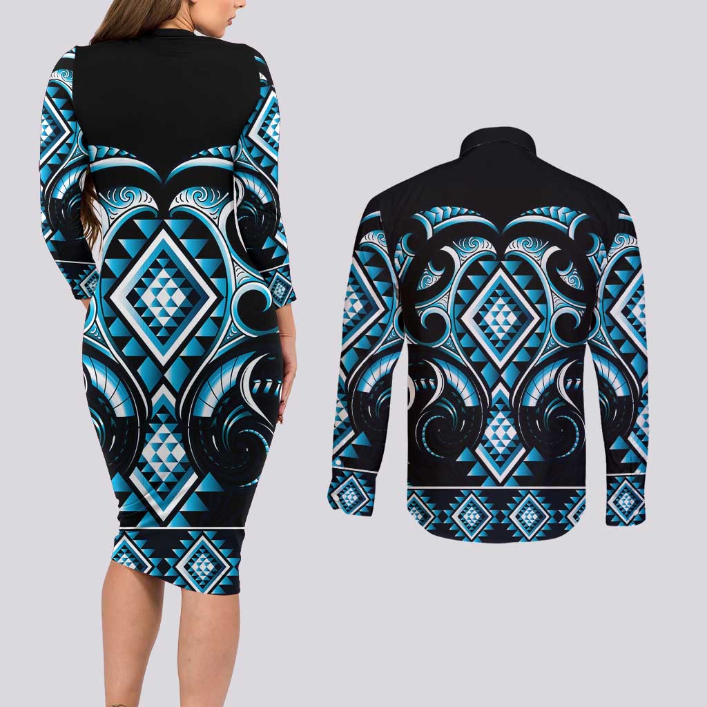 Blue Ngaru Taniko With Aotearoa Maori Tattoo Couples Matching Long Sleeve Bodycon Dress and Long Sleeve Button Shirt