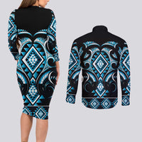 Blue Ngaru Taniko With Aotearoa Maori Tattoo Couples Matching Long Sleeve Bodycon Dress and Long Sleeve Button Shirt