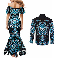 Blue Ngaru Taniko With Aotearoa Maori Tattoo Couples Matching Mermaid Dress and Long Sleeve Button Shirt LT14 - Polynesian Pride