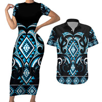 Blue Ngaru Taniko With Aotearoa Maori Tattoo Couples Matching Short Sleeve Bodycon Dress and Hawaiian Shirt