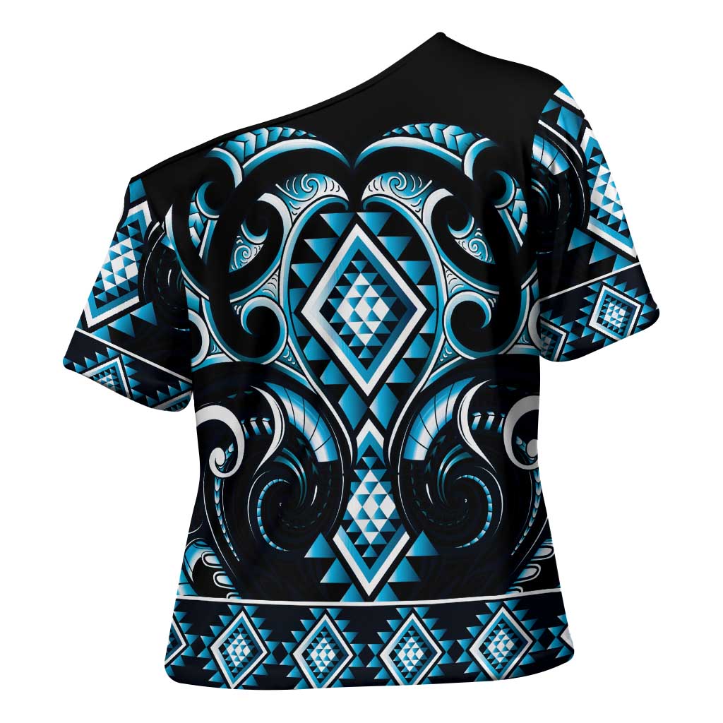 Blue Ngaru Taniko With Aotearoa Maori Tattoo Cross Shoulder Shirt LT14 - Polynesian Pride