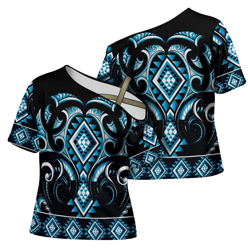 Blue Ngaru Taniko With Aotearoa Maori Tattoo Cross Shoulder Shirt LT14 - Polynesian Pride