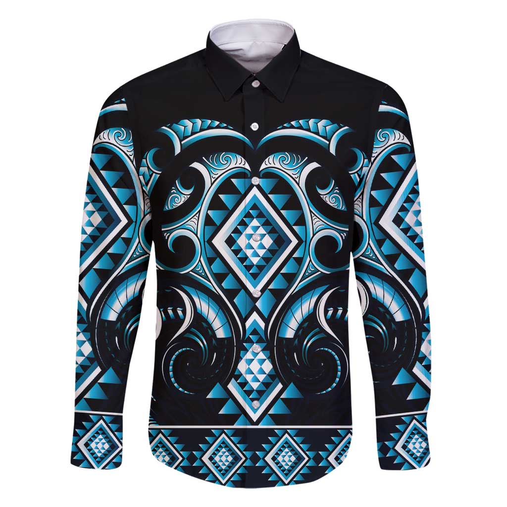 Blue Ngaru Taniko With Aotearoa Maori Tattoo Family Matching Long Sleeve Bodycon Dress and Hawaiian Shirt LT14 Dad's Shirt - Long Sleeve Blue - Polynesian Pride