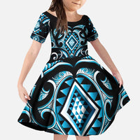 Blue Ngaru Taniko With Aotearoa Maori Tattoo Family Matching Mermaid Dress and Hawaiian Shirt LT14 Daughter's Dress Blue - Polynesian Pride