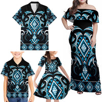 Blue Ngaru Taniko With Aotearoa Maori Tattoo Family Matching Off Shoulder Maxi Dress and Hawaiian Shirt