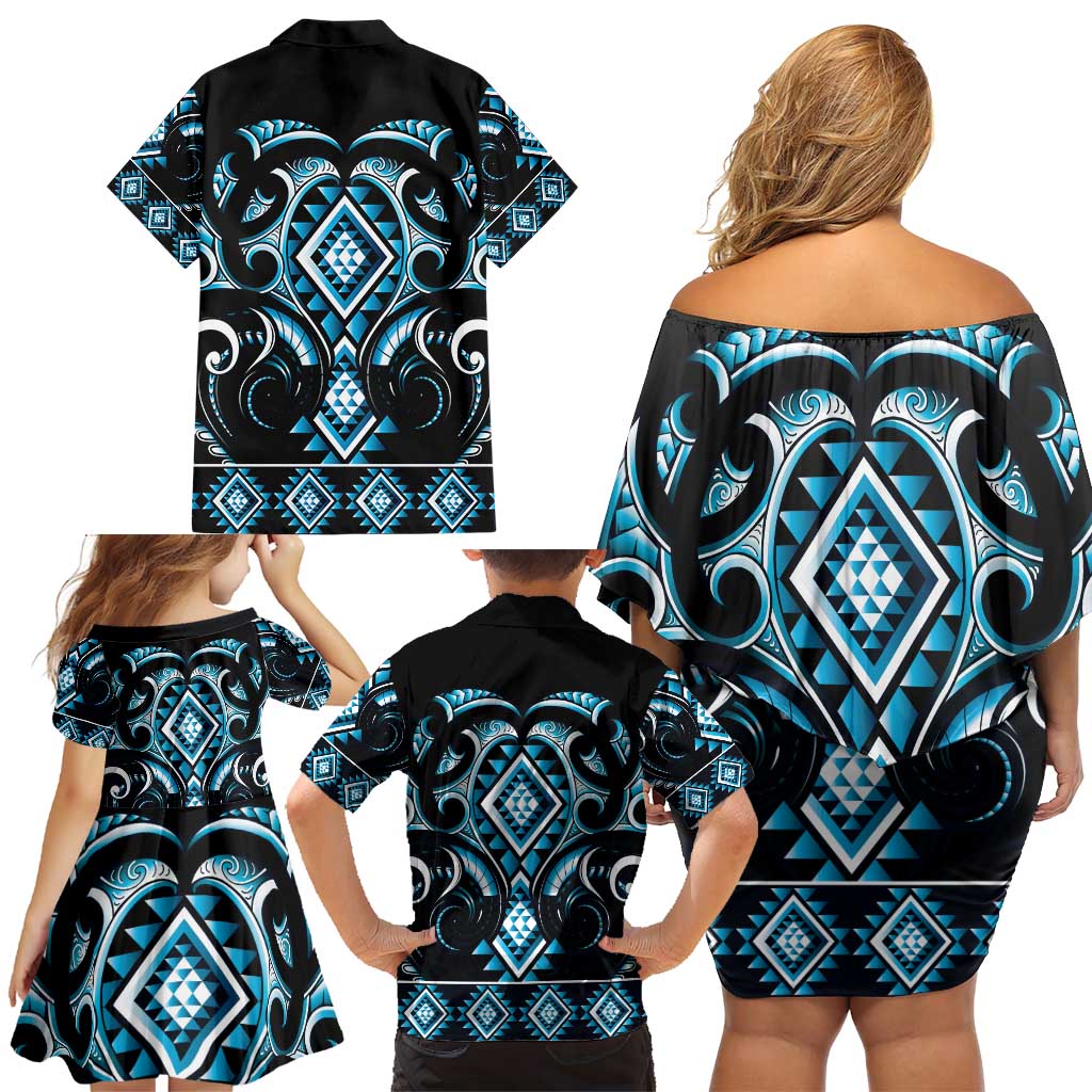 Blue Ngaru Taniko With Aotearoa Maori Tattoo Family Matching Off Shoulder Short Dress and Hawaiian Shirt