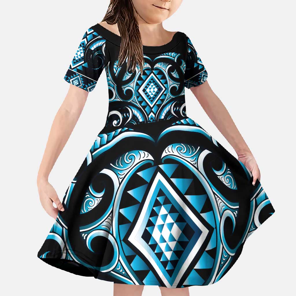 Blue Ngaru Taniko With Aotearoa Maori Tattoo Family Matching Short Sleeve Bodycon Dress and Hawaiian Shirt LT14 Daughter's Dress Blue - Polynesian Pride