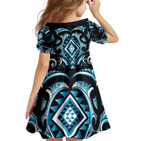 Blue Ngaru Taniko With Aotearoa Maori Tattoo Family Matching Short Sleeve Bodycon Dress and Hawaiian Shirt LT14 - Polynesian Pride
