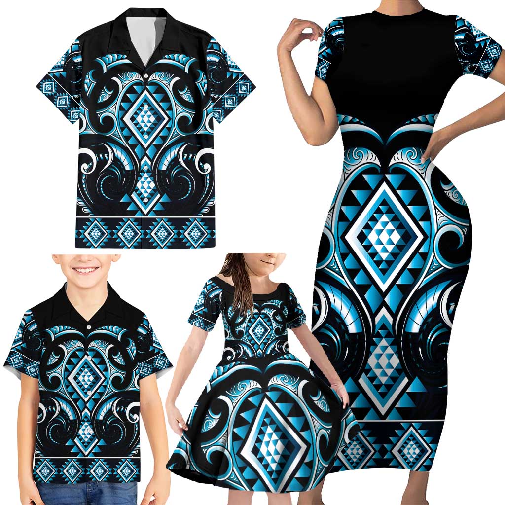 Blue Ngaru Taniko With Aotearoa Maori Tattoo Family Matching Short Sleeve Bodycon Dress and Hawaiian Shirt