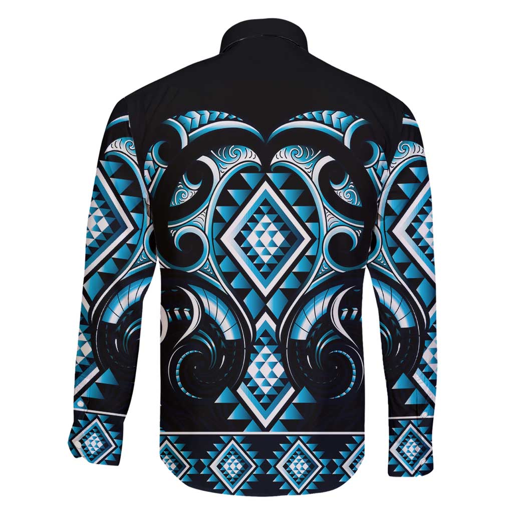 Blue Ngaru Taniko With Aotearoa Maori Tattoo Family Matching Short Sleeve Bodycon Dress and Hawaiian Shirt LT14 - Polynesian Pride