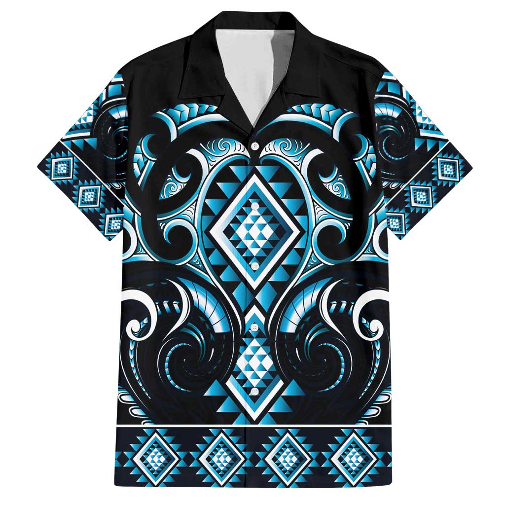 Blue Ngaru Taniko With Aotearoa Maori Tattoo Family Matching Tank Maxi Dress and Hawaiian Shirt LT14 Dad's Shirt - Short Sleeve Blue - Polynesian Pride