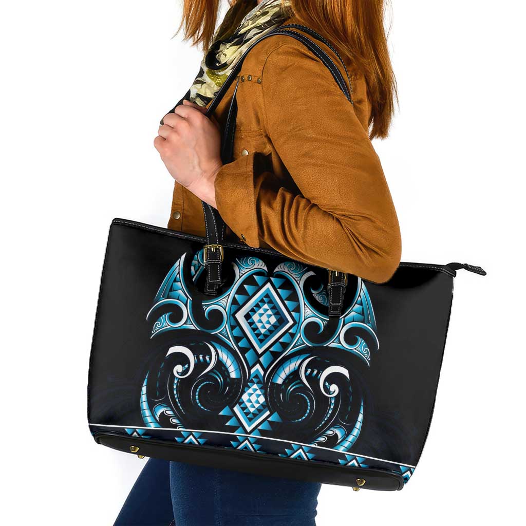 Blue Ngaru Taniko With Aotearoa Maori Tattoo Leather Tote Bag LT14 Blue - Polynesian Pride