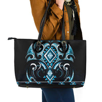 Blue Ngaru Taniko With Aotearoa Maori Tattoo Leather Tote Bag