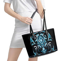 Blue Ngaru Taniko With Aotearoa Maori Tattoo Leather Tote Bag