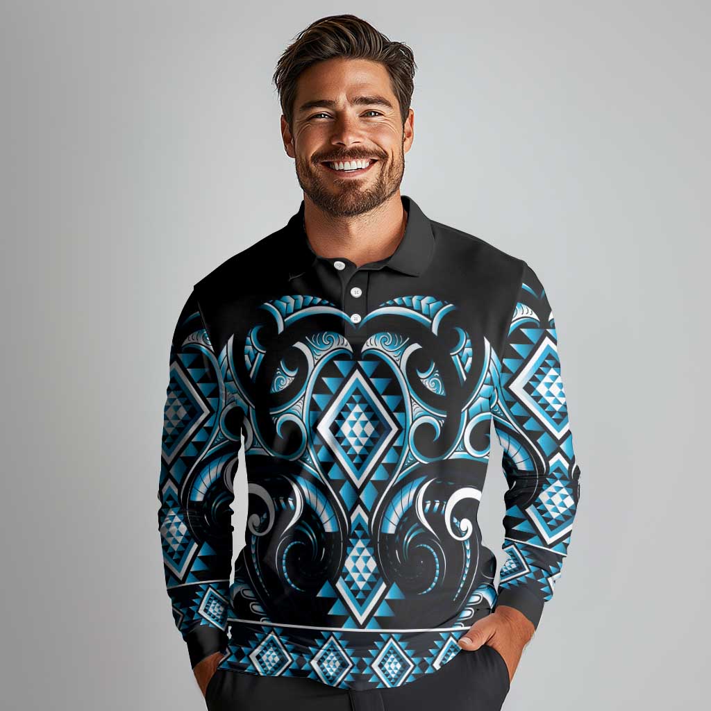 Blue Ngaru Taniko With Aotearoa Maori Tattoo Long Sleeve Polo Shirt