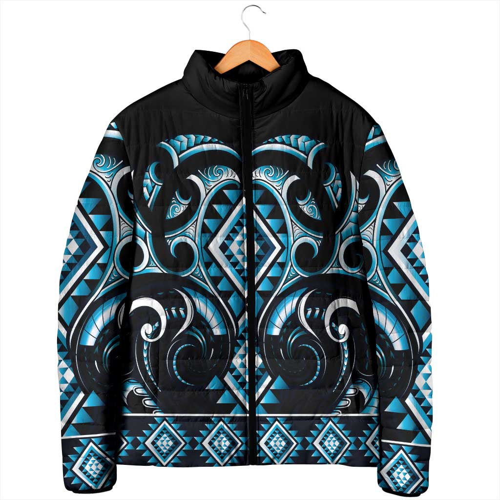 Blue Ngaru Taniko With Aotearoa Maori Tattoo Padded Jacket LT14 - Polynesian Pride