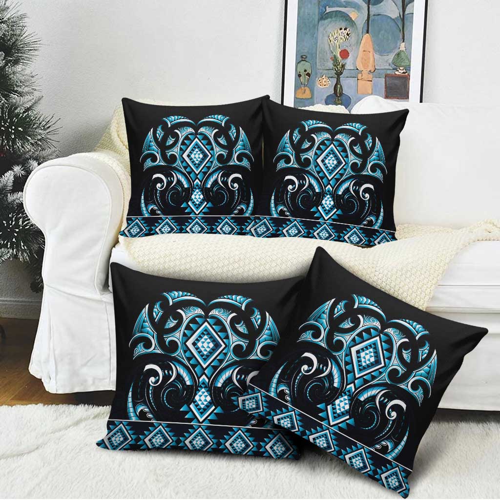 Blue Ngaru Taniko With Aotearoa Maori Tattoo Pillow Cover - Polynesian Pride