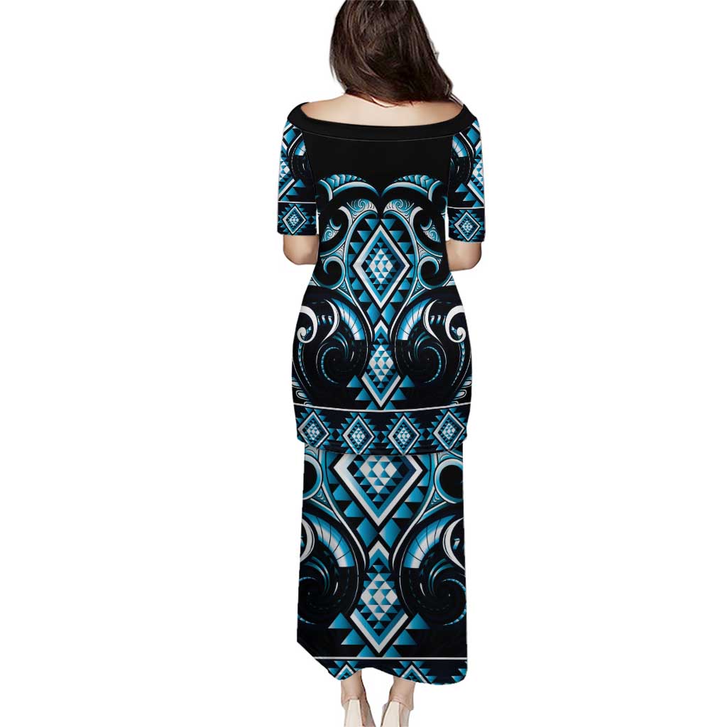 Blue Ngaru Taniko With Aotearoa Maori Tattoo Puletasi