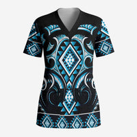 Blue Ngaru Taniko With Aotearoa Maori Tattoo Scrub Top - Polynesian Pride