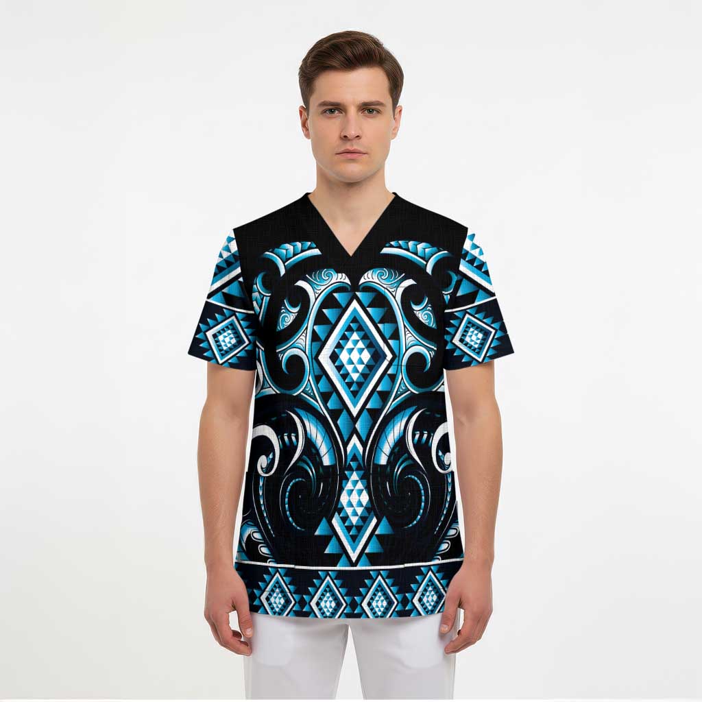 Blue Ngaru Taniko With Aotearoa Maori Tattoo Scrub Top - Polynesian Pride