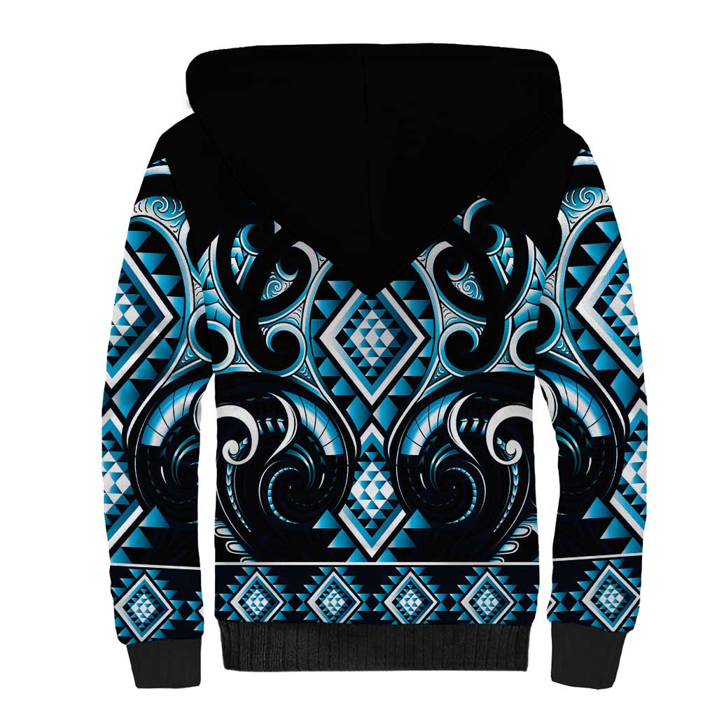 Blue Ngaru Taniko With Aotearoa Maori Tattoo Sherpa Hoodie