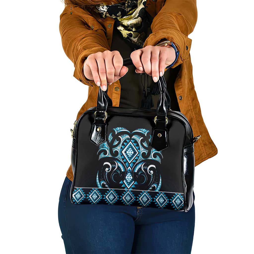 Blue Ngaru Taniko With Aotearoa Maori Tattoo Shoulder Handbag