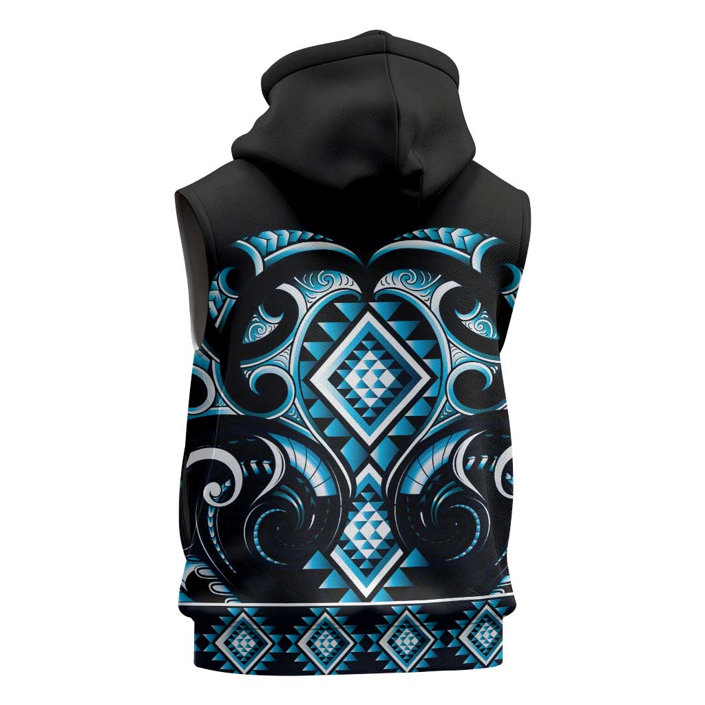 Blue Ngaru Taniko With Aotearoa Maori Tattoo Sleeveless Hoodie LT14 - Polynesian Pride