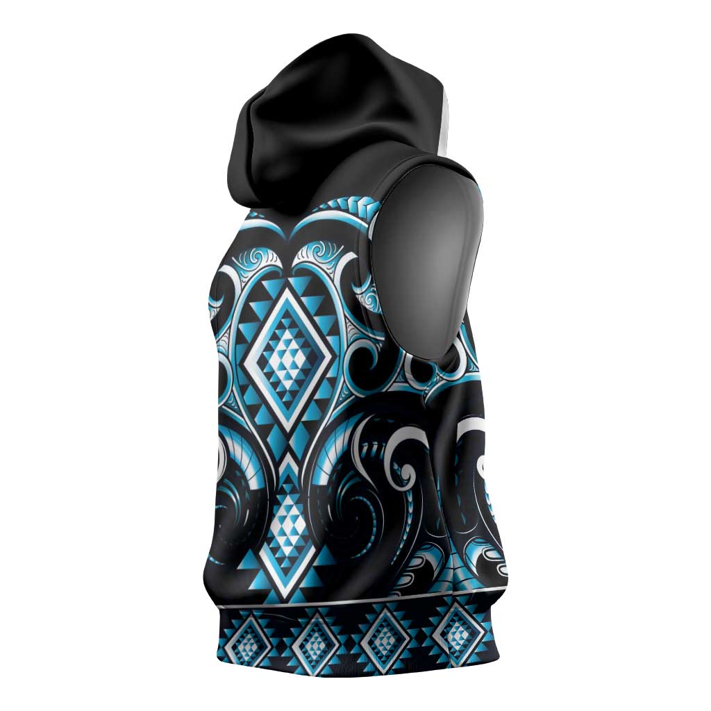 Blue Ngaru Taniko With Aotearoa Maori Tattoo Sleeveless Hoodie LT14 - Polynesian Pride