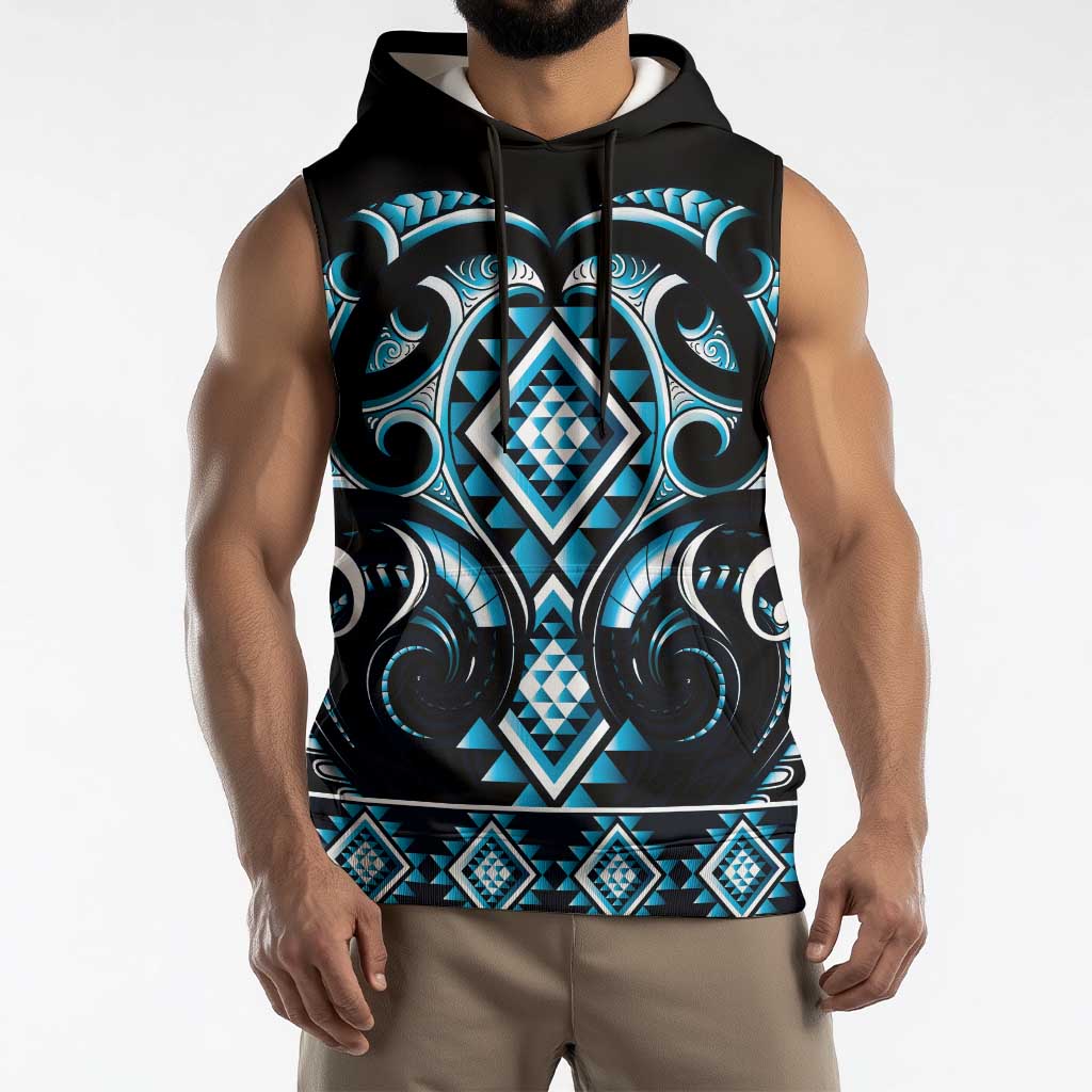 Blue Ngaru Taniko With Aotearoa Maori Tattoo Sleeveless Hoodie LT14 - Polynesian Pride