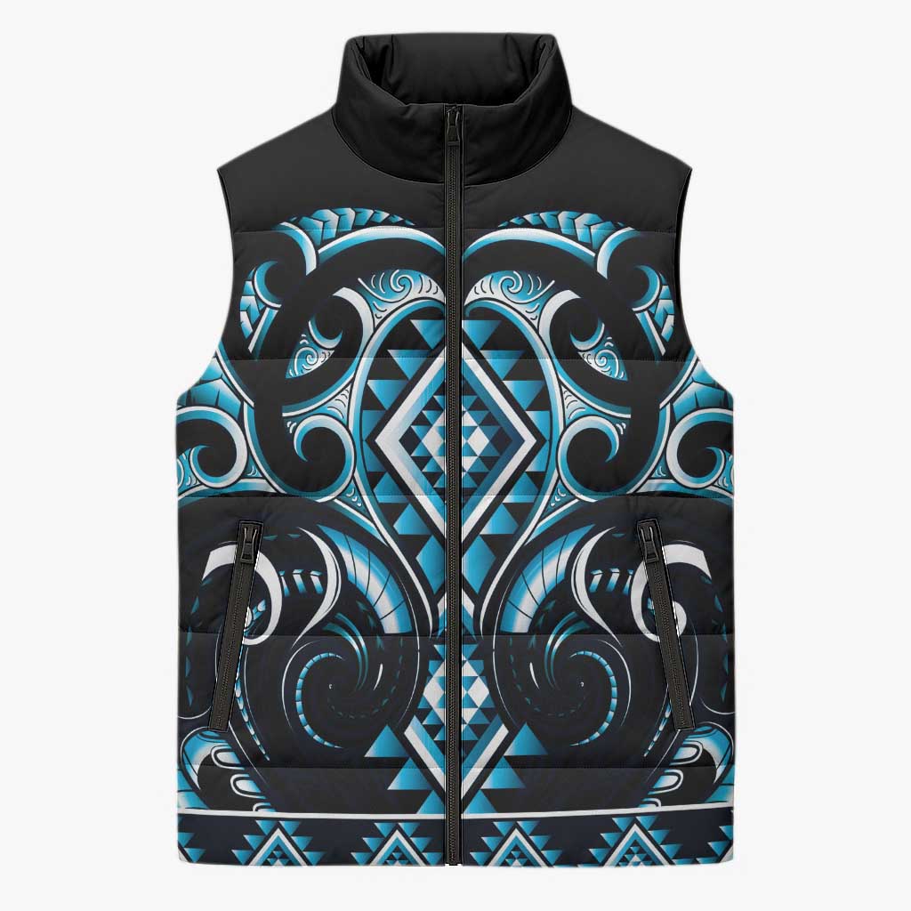 Blue Ngaru Taniko With Aotearoa Maori Tattoo Sleeveless Puffer Jacket LT14 Unisex Blue - Polynesian Pride
