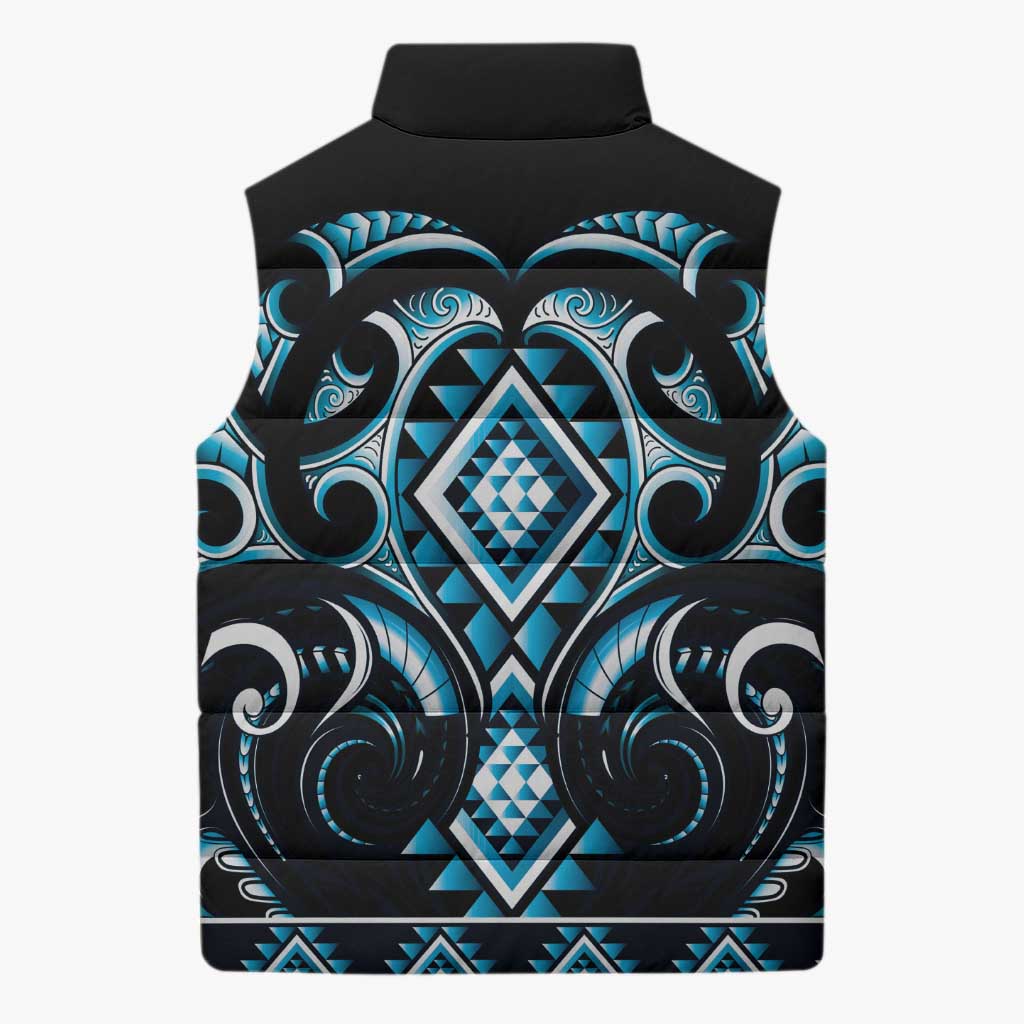 Blue Ngaru Taniko With Aotearoa Maori Tattoo Sleeveless Puffer Jacket LT14 - Polynesian Pride