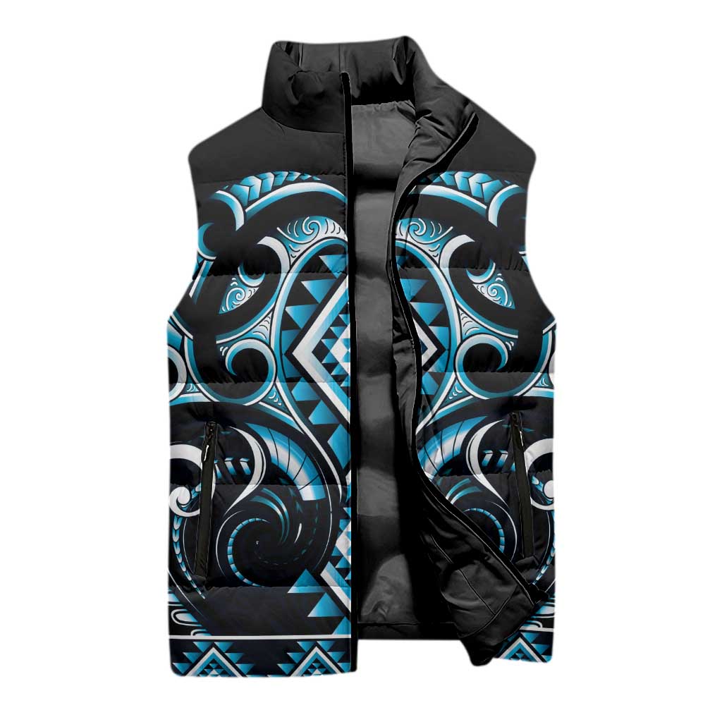 Blue Ngaru Taniko With Aotearoa Maori Tattoo Sleeveless Puffer Jacket LT14 - Polynesian Pride