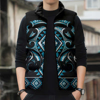 Blue Ngaru Taniko With Aotearoa Maori Tattoo Sleeveless Puffer Jacket LT14 - Polynesian Pride