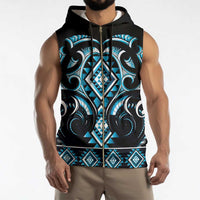 Blue Ngaru Taniko With Aotearoa Maori Tattoo Sleeveless Zip Hoodie - Polynesian Pride