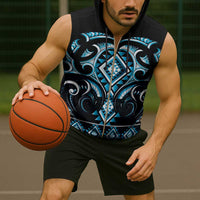 Blue Ngaru Taniko With Aotearoa Maori Tattoo Sleeveless Zip Hoodie - Polynesian Pride