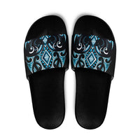 Blue Ngaru Taniko With Aotearoa Maori Tattoo Slide Sandals - Polynesian Pride