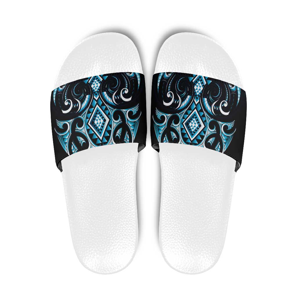 Blue Ngaru Taniko With Aotearoa Maori Tattoo Slide Sandals - Polynesian Pride