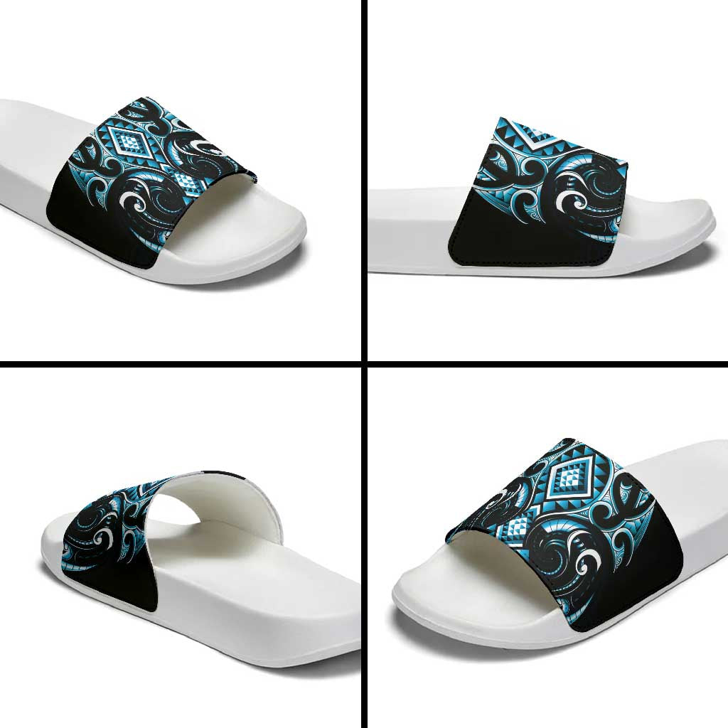 Blue Ngaru Taniko With Aotearoa Maori Tattoo Slide Sandals - Polynesian Pride