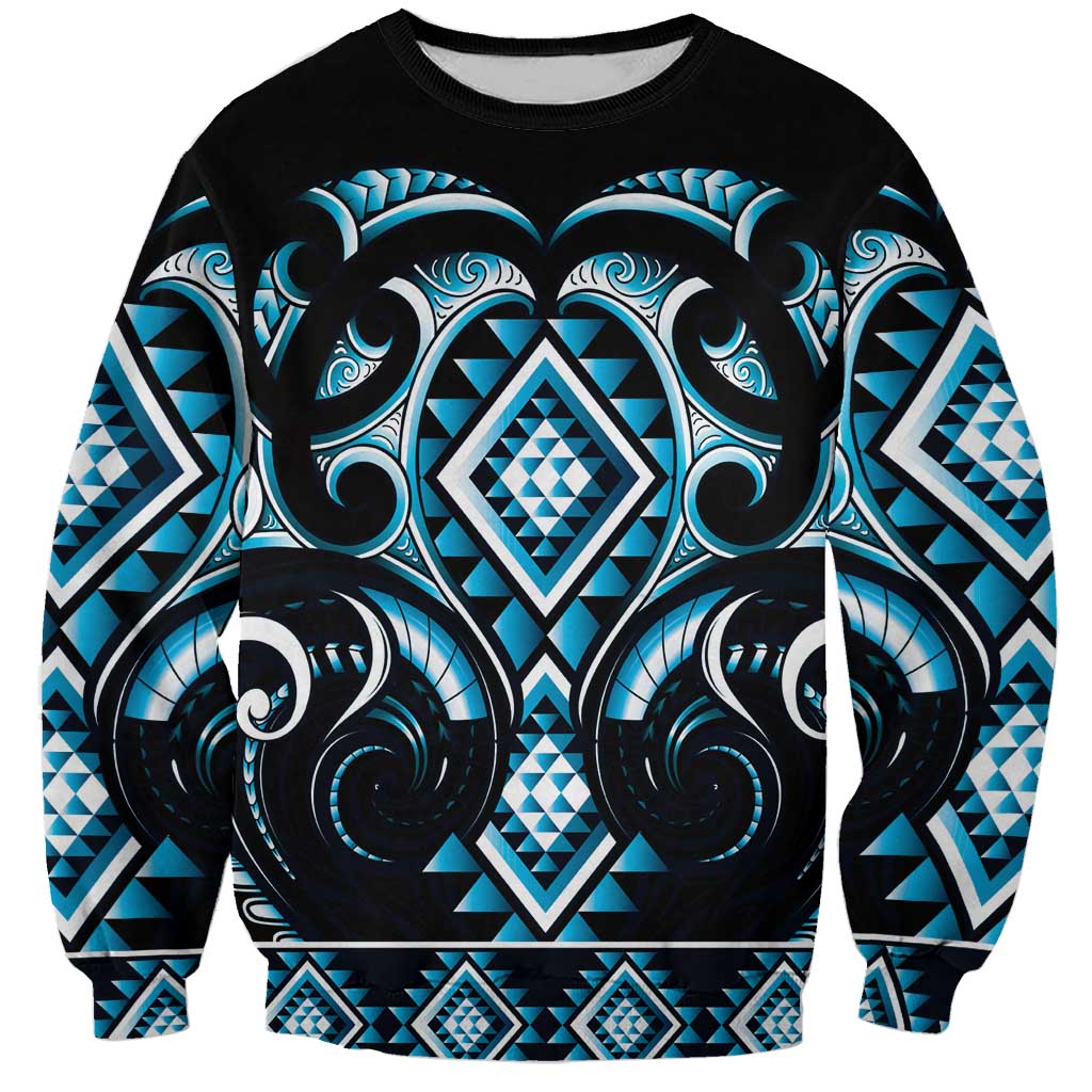 Blue Ngaru Taniko With Aotearoa Maori Tattoo Sweatshirt