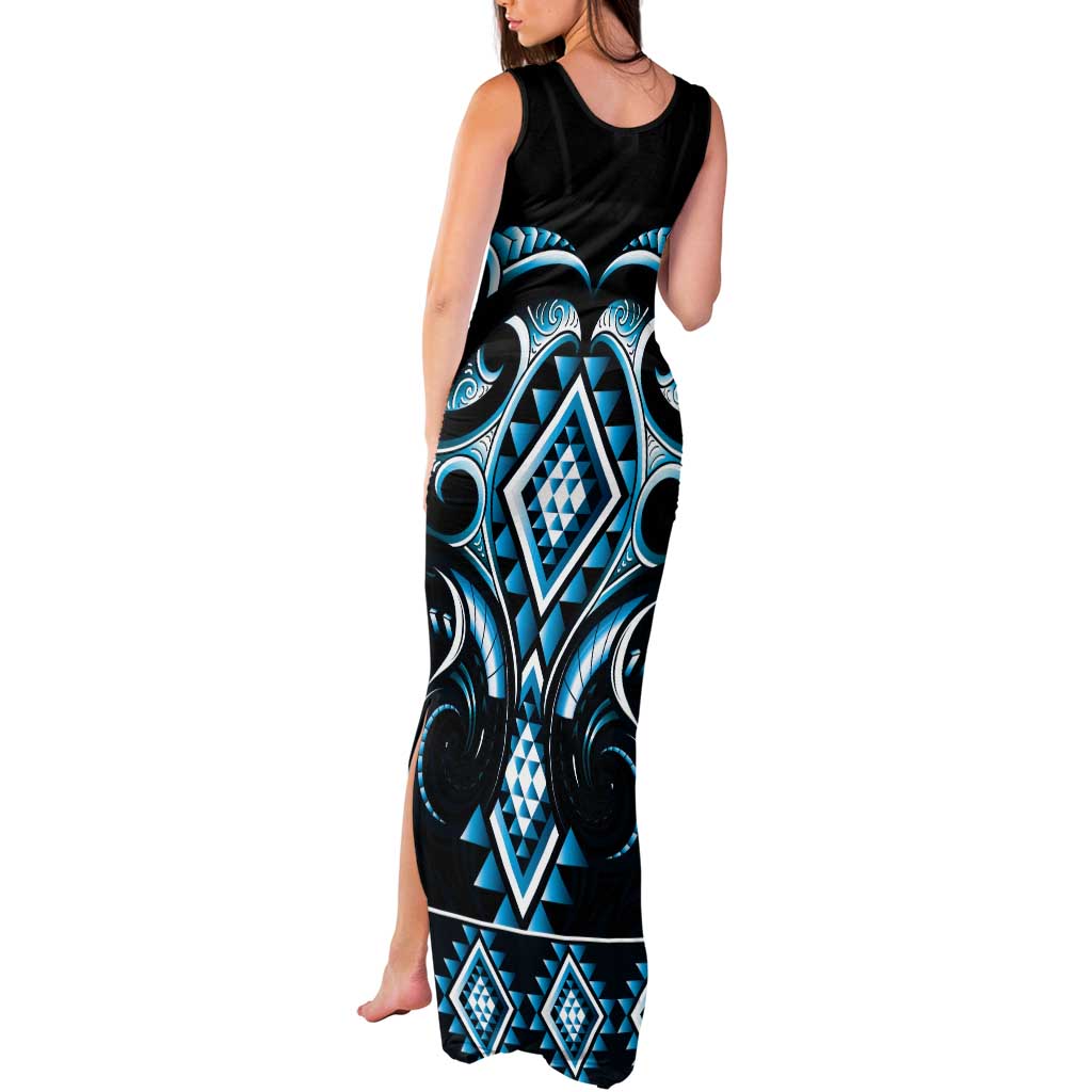 Blue Ngaru Taniko With Aotearoa Maori Tattoo Tank Maxi Dress