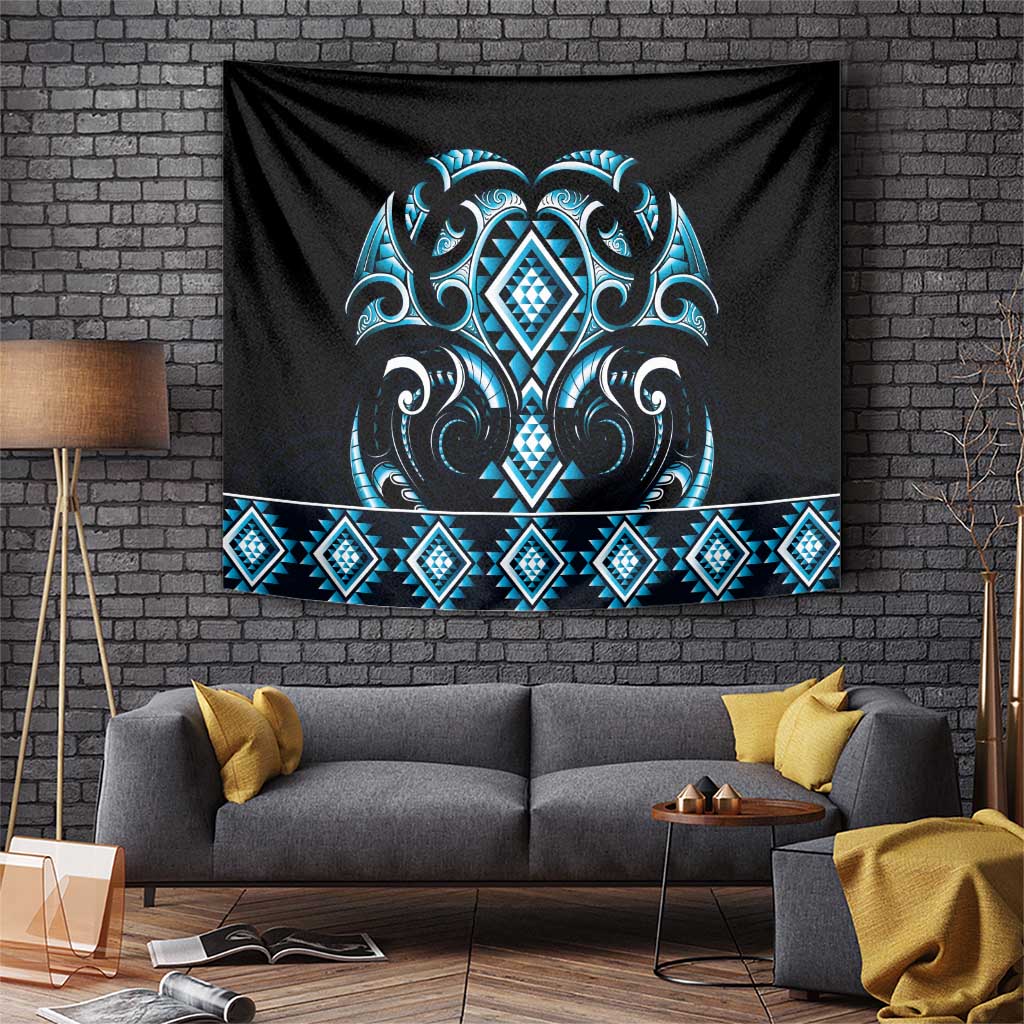 Blue Ngaru Taniko With Aotearoa Maori Tattoo Tapestry