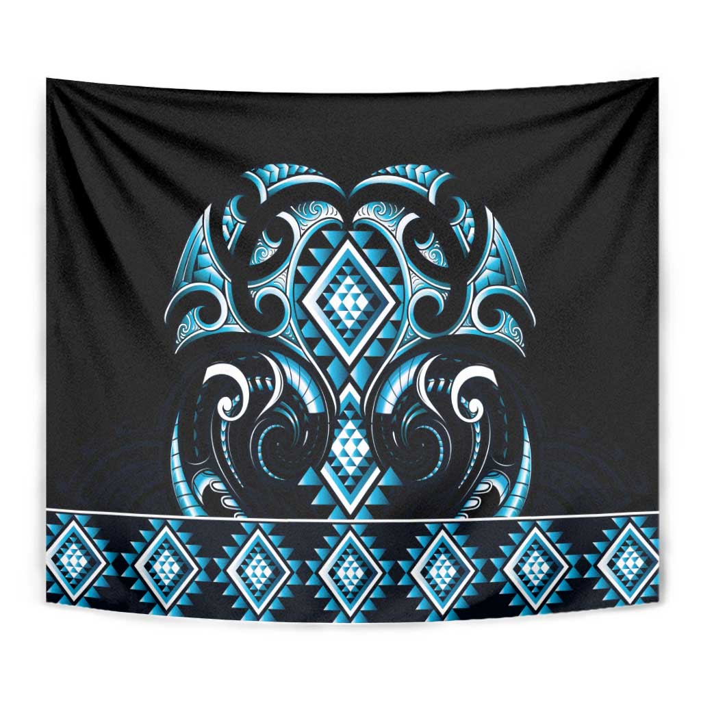 Blue Ngaru Taniko With Aotearoa Maori Tattoo Tapestry