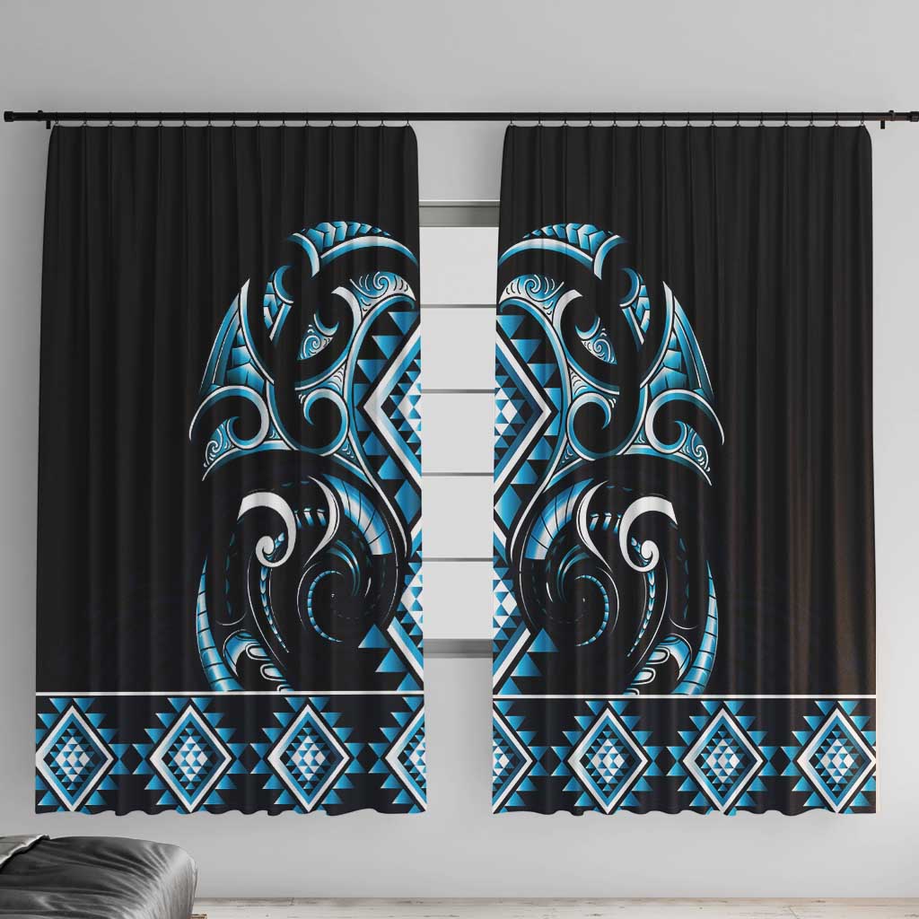 Blue Ngaru Taniko With Aotearoa Maori Tattoo Window Curtain LT14 With Hooks Blue - Polynesian Pride