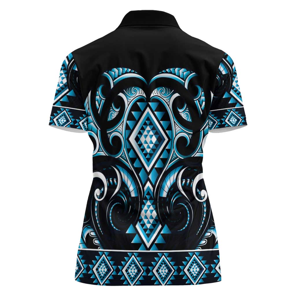 Blue Ngaru Taniko With Aotearoa Maori Tattoo Women Polo Shirt