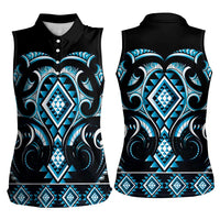 Blue Ngaru Taniko With Aotearoa Maori Tattoo Women Sleeveless Polo Shirt