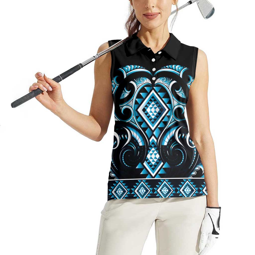 Blue Ngaru Taniko With Aotearoa Maori Tattoo Women Sleeveless Polo Shirt