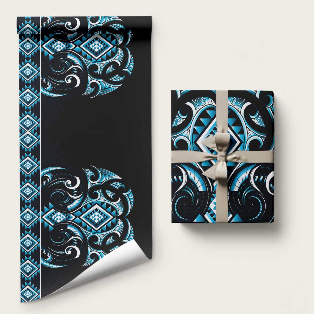 Blue Ngaru Taniko With Aotearoa Maori Tattoo Wrapping Paper - Polynesian Pride