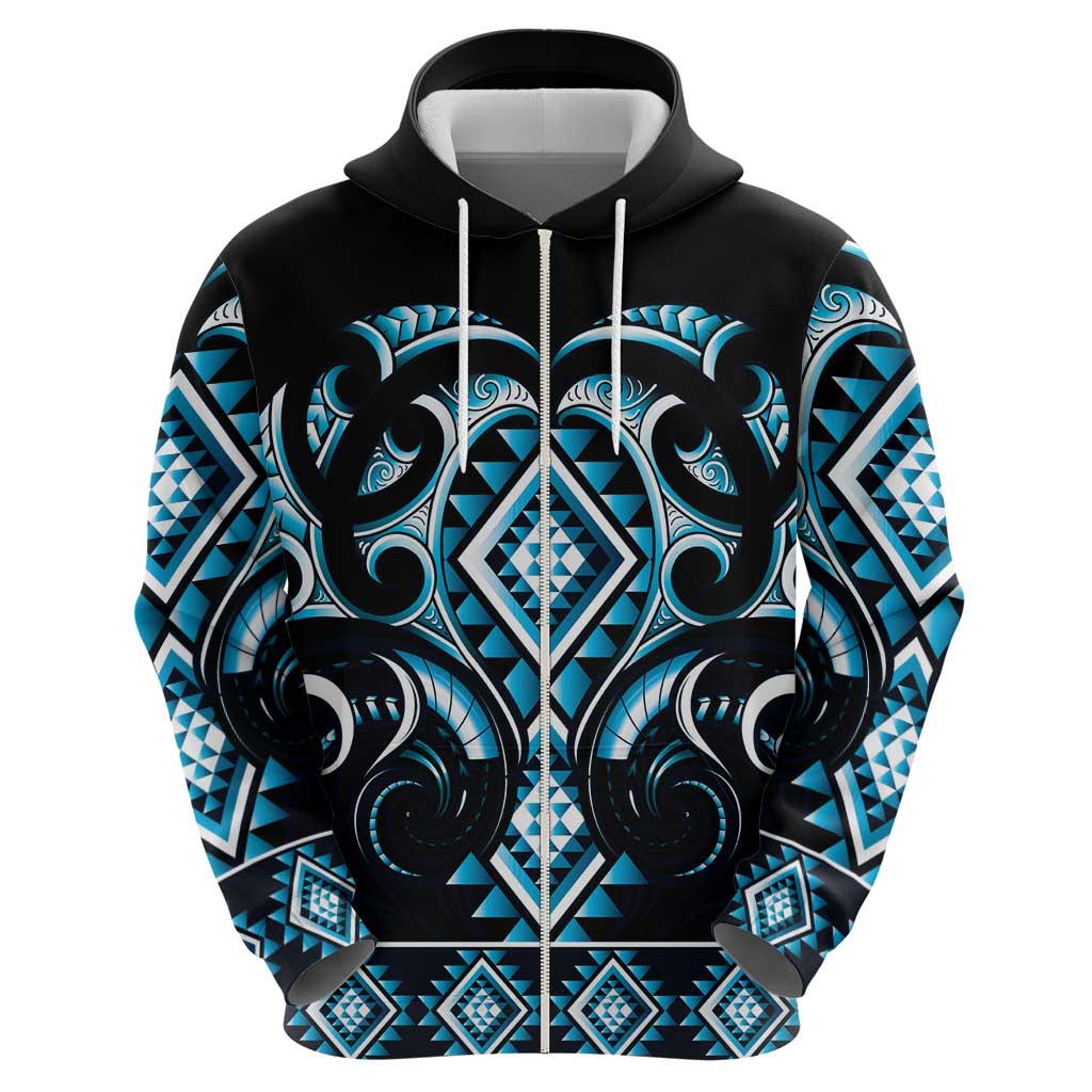 Blue Ngaru Taniko With Aotearoa Maori Tattoo Zip Hoodie LT14 - Polynesian Pride